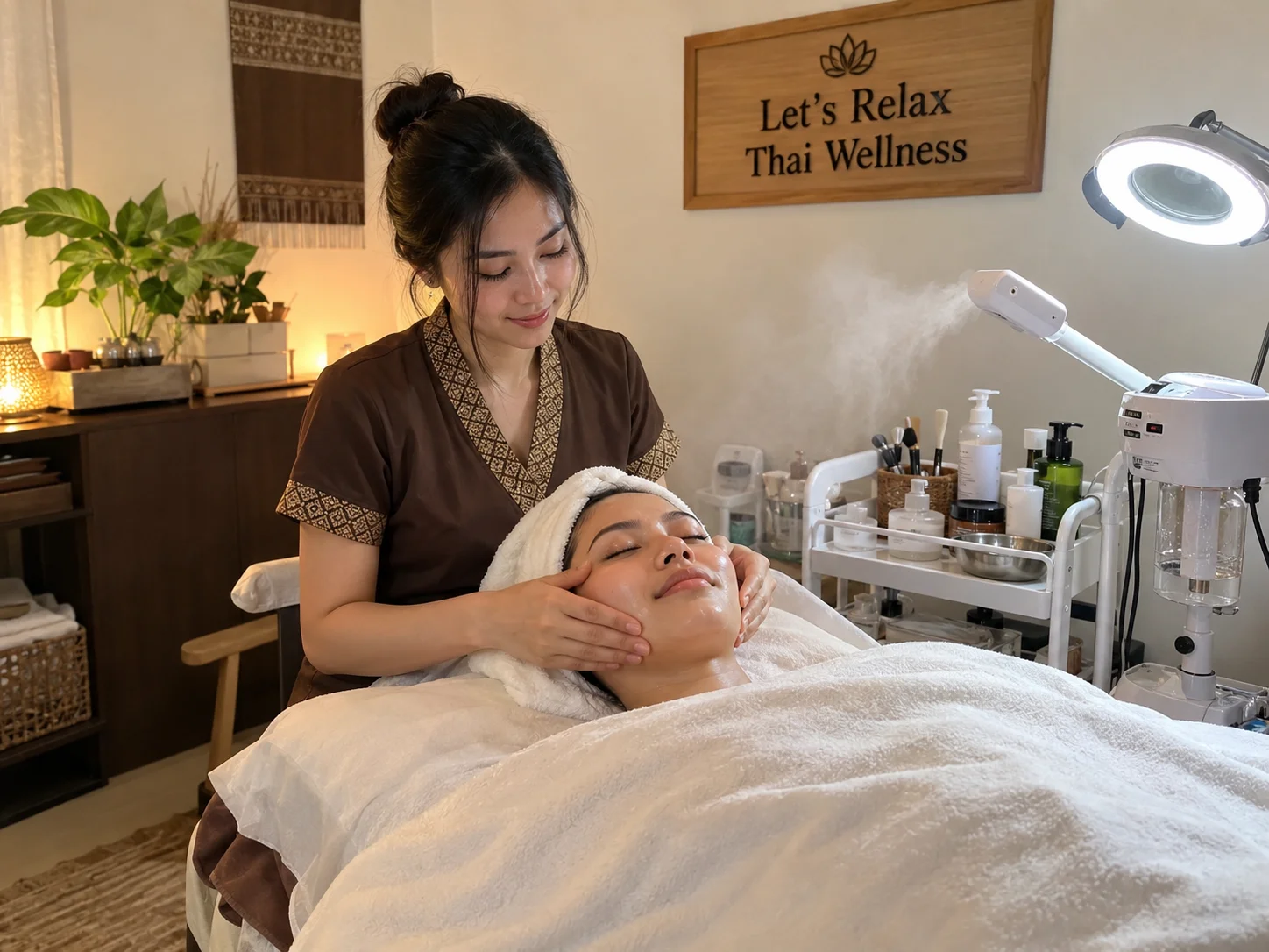 A Let’s Relax practitioner giving a facial massage in the treatment room