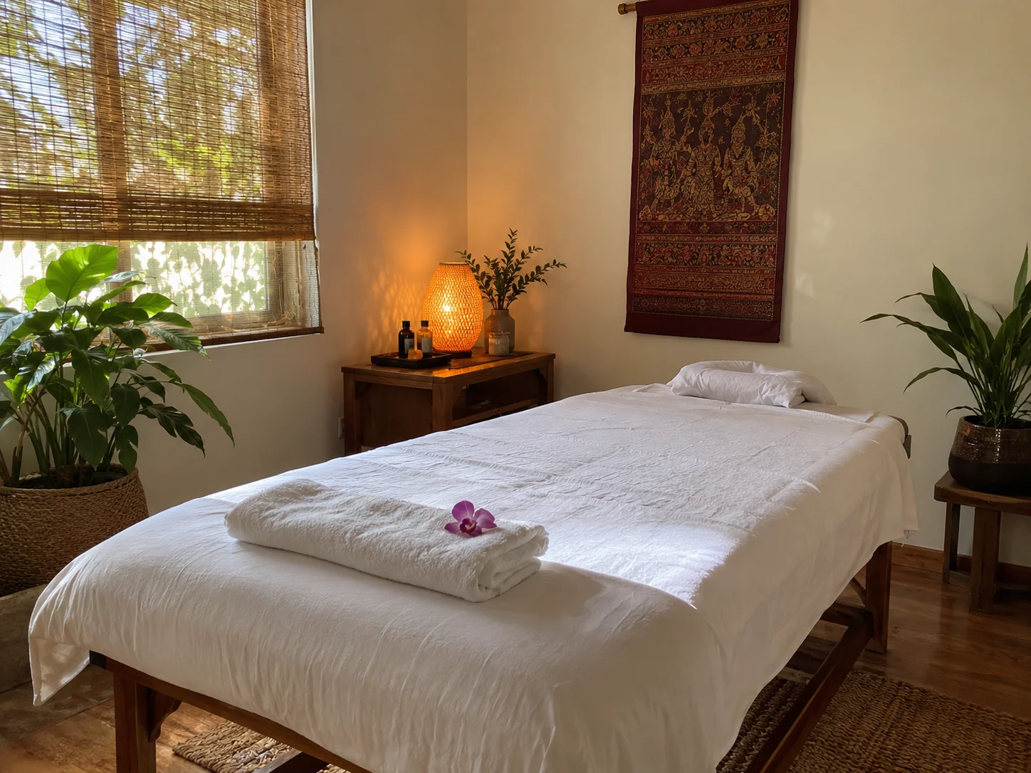 A sunlit treatment room at Let’s Relax, with a white massage table, Thai textile, and green plants